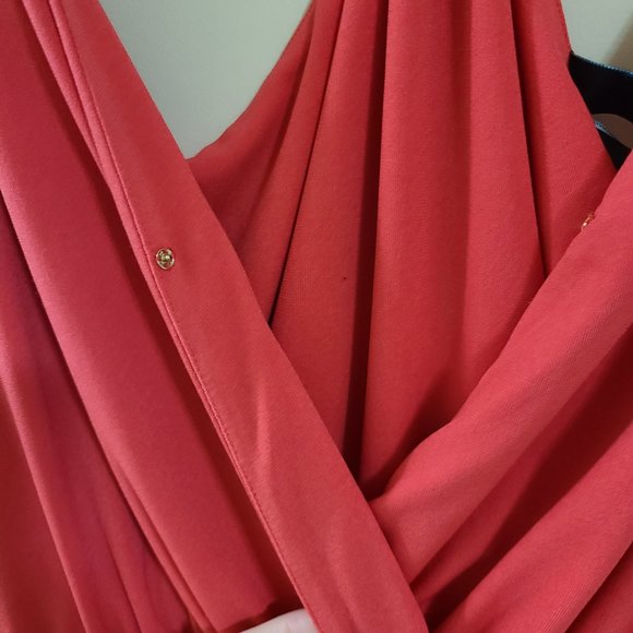 EUC MARCIANO Coral T-Back Summer Mini Dress w/ Gold Accent Bands and V Neckline - Picture 3 of 6